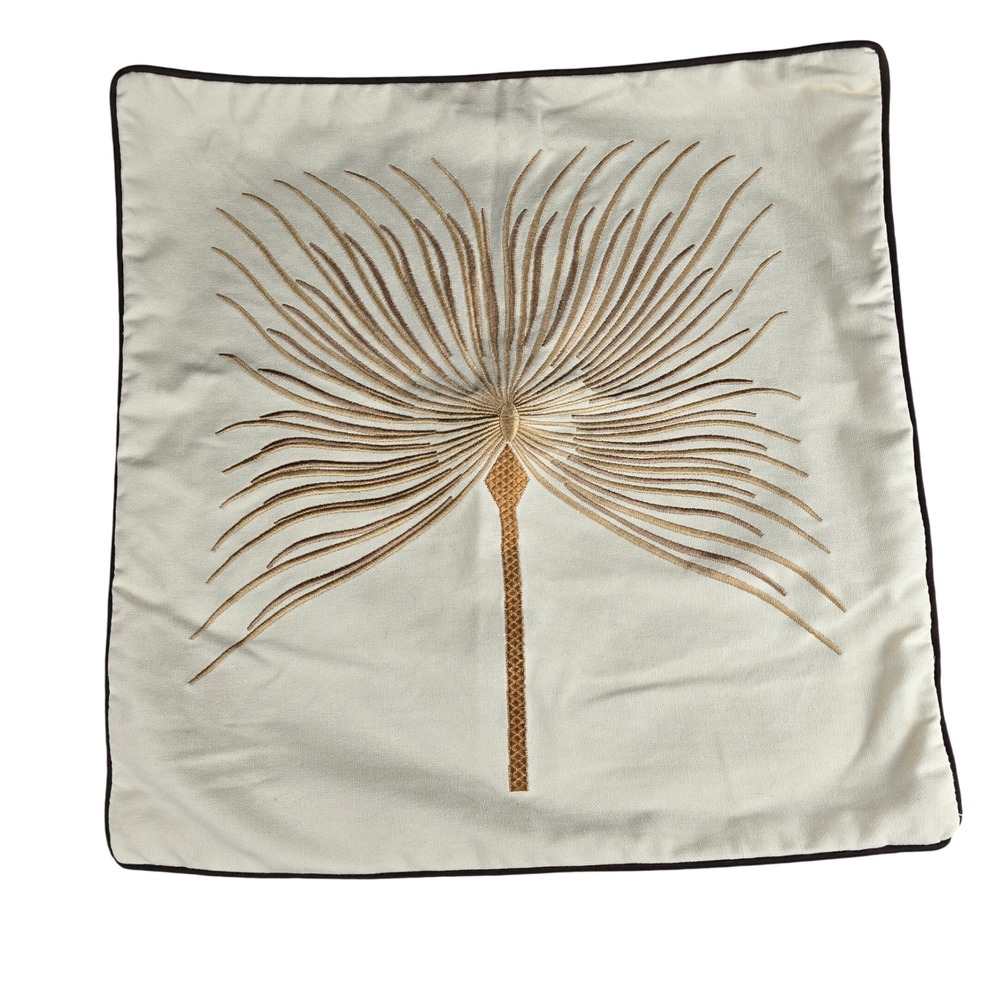Hodeco Gold Embroidered‎ Fan Palm Throw Pillow Cover 18x18 Cream Cotton
